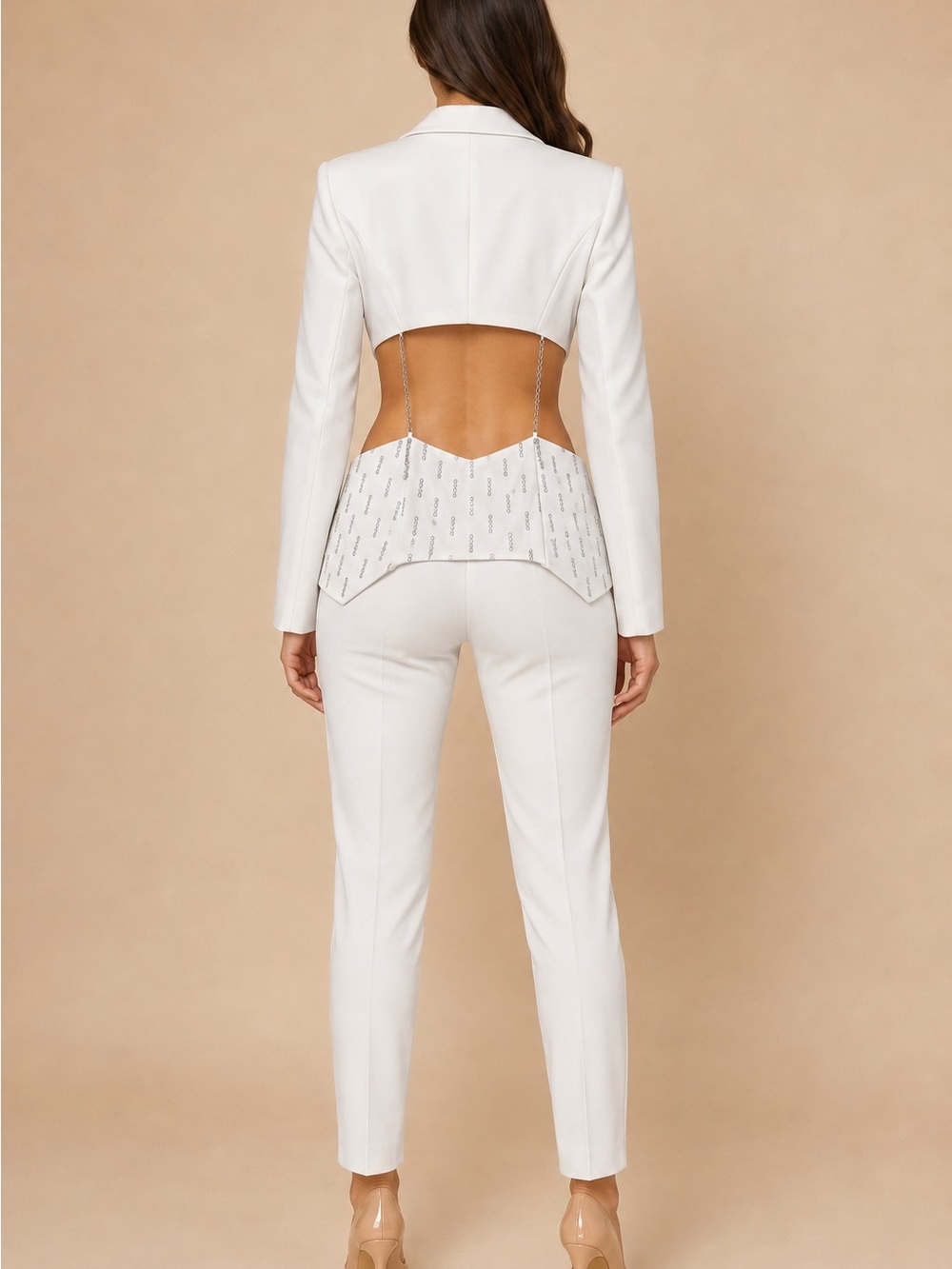 White Rhinestone Cutout Chain Blazer - Picture 2 of 6